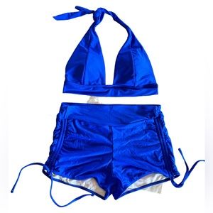 Athletic Royal blue halter style bikini with draw string boy shorts bottoms NWT